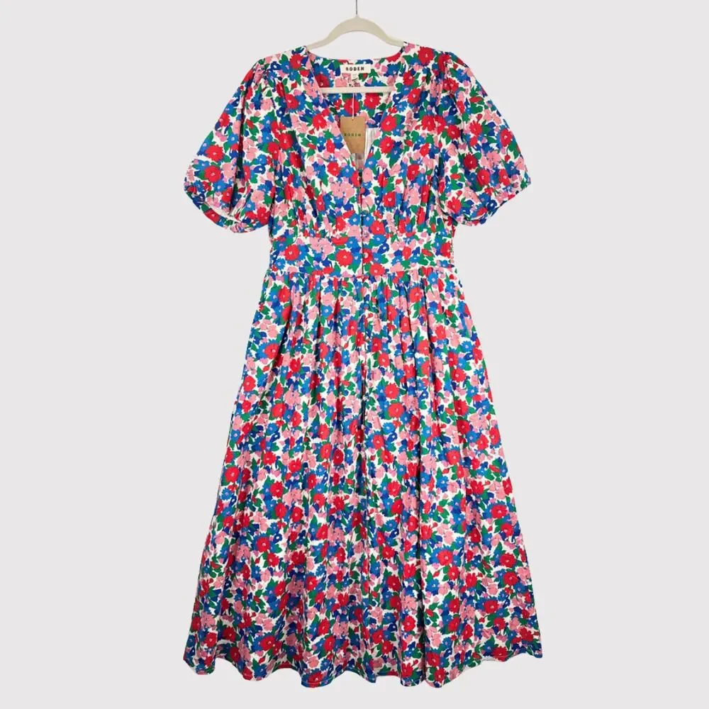 NEW Boden Midi Dress Pink Lillian Cotton Floral V Neck Puff Sleeve Boho US 10